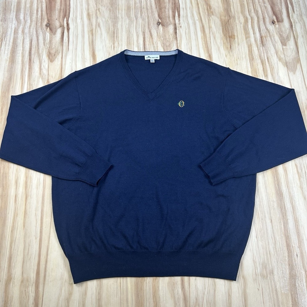 Peter Millar Oakmont Country Club V Neck Sweater Blue 2XL Merino Wool Silk